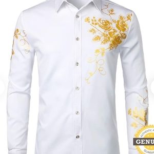 ZEROYAA Men's Hipster Rose Floral Printed Slim Fit Long Sleeve Button Up Party D